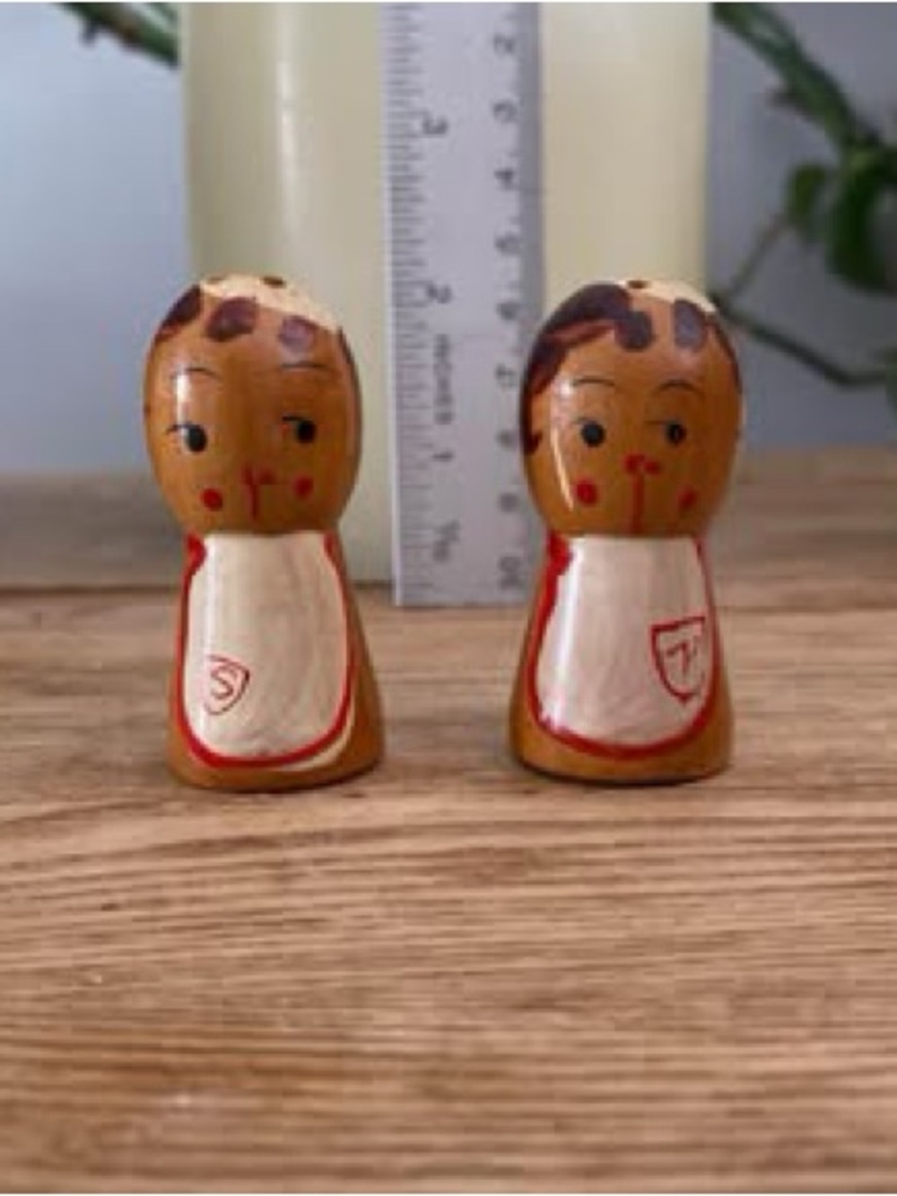 Vintage Wooden Mini Hand Painted People Salt and Pepper Shakers Peg Dolls MCM